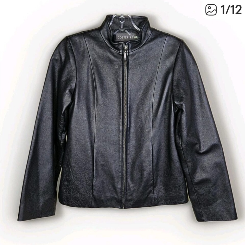 Leather Women’s Copper Key Black Zip Front Collar Front Pockets Sz L